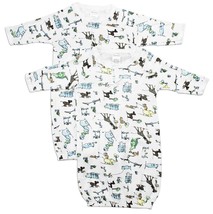 2 Pack Long Sleeve Infant Gown w/ Mitten Cuffs Newborn Safari Printed Baby Gowns - £13.30 GBP