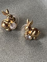 Estate Goldtone Easter Bunny Rabbit Holding Clear Rhinestone Egg Post Earrings  - £10.34 GBP