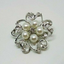 Flower Faux Pearls Crystal Rhinestone Silver Tone Cute Brooch Pin White Wedding - £5.45 GBP