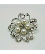 Flower Faux Pearls Crystal Rhinestone Silver Tone Cute Brooch Pin White ... - £5.55 GBP