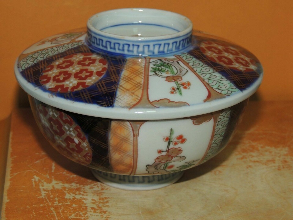 Japanese Arita 5" Bowl with Lid Red Blue Green Meiji 19th Imari RED Hizen mark Item image 2