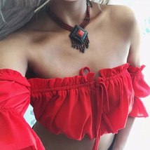 crop tops women summer lantern sleeve sexy strapless beach tops red black white  - £12.95 GBP