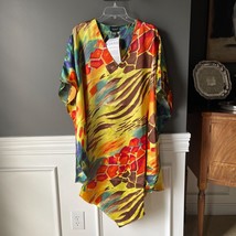 NWT Ashro Satin Caftan V-neck Animal Print Ethnic Bold Colors One Size - $17.77