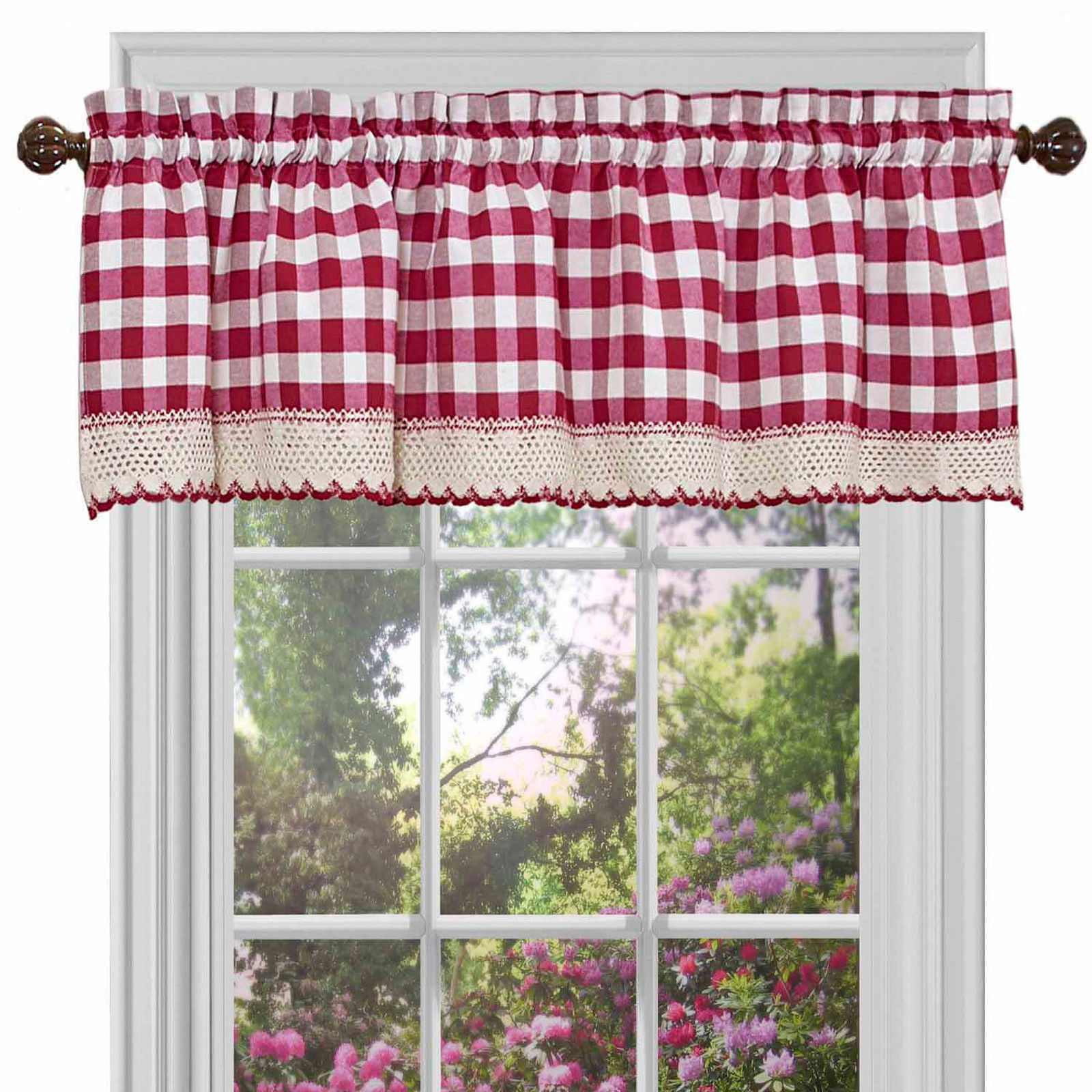 Primary image for Checkered Burgundy W/ Macrame Trim Classic Tailored Window Valance 58"x 14"- NEW