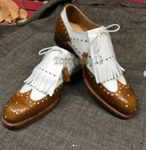 Handmade Men&#39;s Leather Oxfords Wingtip New Two Tone Brown White Formal S... - £179.34 GBP
