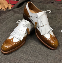 Handmade Men&#39;s Leather Oxfords Wingtip New Two Tone Brown White Formal S... - £178.25 GBP