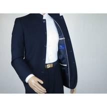 Men Apollo King Banded Collarless suit Mandarin 5 Buttons Wide leg M5-2 Navy image 5