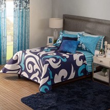 Vintage Blue Reversible Bedspread Set Sheet Set &amp; Curtains 11 Pcs Queen Size - £185.29 GBP