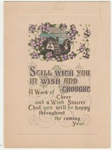 Vintage New Year Card House Purple Flowers Printed in USA Early 1900&#39;s - £7.08 GBP
