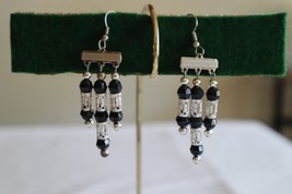 Black Beads Silver Tone Triple Strand Dangle Earrings 1.8&quot; length w/out ... - $123.95 MXN