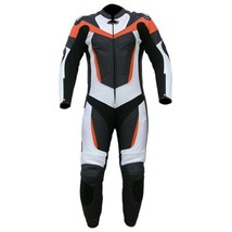 Men Black White Motorbike Orange Striped Real Leather Pant Suit With Safety Pads - £230.69 GBP