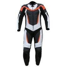 Men Black White Motorbike Orange Striped Real Leather Pant Suit With Safety Pads - £219.87 GBP