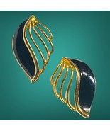 vintage gold tone black enamel pierced earrings - $17.39