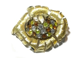 Vintage Signed Coro Unusual Color Rhinestones Gold Plated Flower Brooch - £25.53 GBP