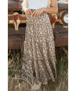 Brown Western Floral Print Ruffled Hem High Waist Loose Maxi Skirt - $329.35 MXN