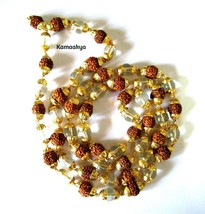 Rudraksh Rudraksha Beads with Crystal Sphatik Bead Gold Plated Cap Mala Necklace - £19.15 GBP
