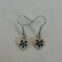 Handmade Hook Earrings Heart Shaped Blue Rhinestones Silver Toned Fashion July - £6.31 GBP