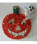 GHOST and JACK-o-LANTERN PUMPKIN PIN BROOCH Orange Rhinestones HALLOWEEN - $31.47 CAD