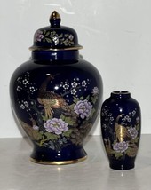 Vintage Japanese Cobalt Blue Peacock Porcelain Lidded Ginger Jar &amp; Mini ... - £29.85 GBP