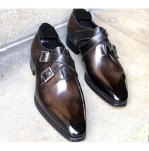 Hand Made Monk Cross Strap Cowhide Leather Patent Coffee Brown Men Formal Shoes - £117.46 GBP