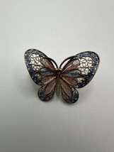 Antique Butterfly Gold over 800 Sterling Pink Blue Enamel Filigree Brooch 3.5cm - £30.08 GBP