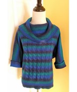 PRESWICK &amp; MOORE Metallic Teal Blue Short Sleeve Cowl Neck Cable Knit Sw... - $19.79 CAD