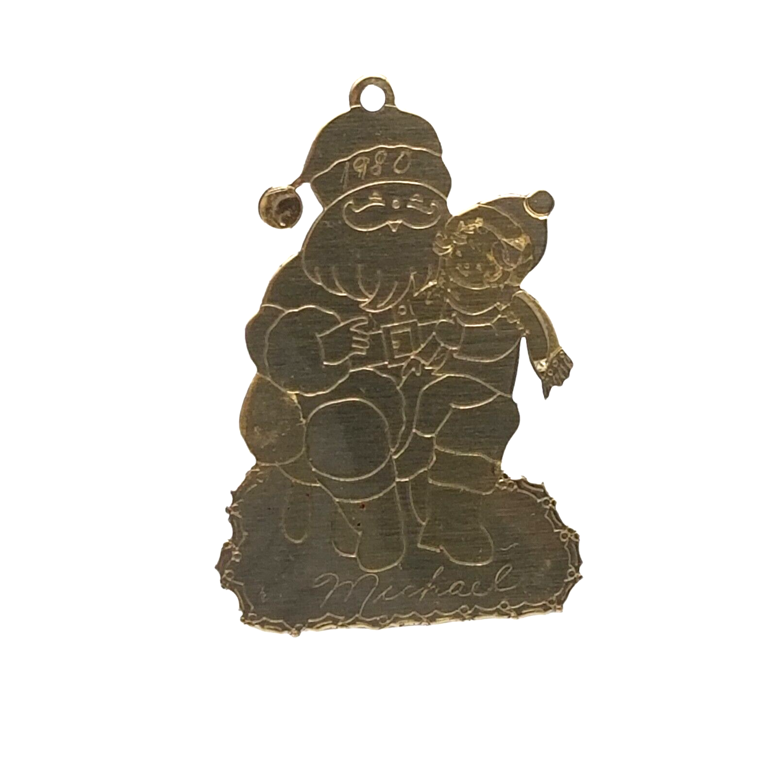 Primary image for Vintage Brass Santa Christmas Ornament Flat Metal Shiny Inscribed 1980 Michael