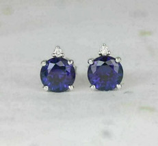 2Ct Round Cut CZ Blue Sapphire Solitaire Stud Earring 14k White Gold Plated - £83.90 GBP