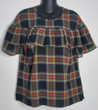 J Crew Womens 6 Blouse Plaid Black Tartan Ruffle Shirt Cotton Short Sleeve - £21.13 GBP