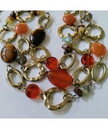 Tigers Eye Carnelian Glass Bead Linked Gold Tone Long Necklace Boho Natu... - £16.99 GBP