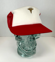 Vintage 1990&#39;s Red/White Mesh Back Trucker Hat Cap w/ Brass Medical Cadu... - $12.82
