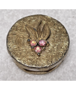 Vintage Pink Rhinestone w Feather Pillbox Pill Box 1 1/2" Round Has Liner - $18.32