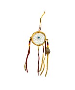 Handcrafted Dream Catcher Yellow Leather Wrap Beads &amp; Feathers - 3” 14&quot; ... - $18.69