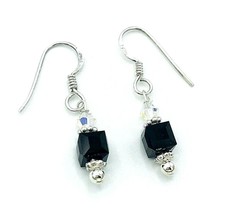 Sterling Silver Black Cube AB Bicone Beaded Dangle Earrings - £15.82 GBP