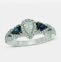 Engagement Ring 2.65Ct Simulated Diamond &amp; Blue Sapphire 14K White Gold Size 7 - £178.60 GBP