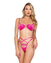 &#39;valentine Bubblegum Heart Satin Bra &amp; Metallic Lace Embroidered Thong Pink Md - $36.99