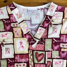 Peaches Scrub Top Womens Medium M Flowers Breast Cancer Ribbons Short Sl... - $10.88