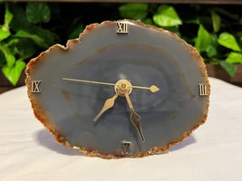 Agate Quartz Clock Geode Slice Polished Stone 6&quot;X 5&quot; Copper Brown Orange Rings - £25.11 GBP