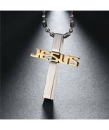 NEW Two Tone Stainless Steel &quot;JESUS&quot; CROSS Pendant Necklace W/Chain &amp; Gi... - £16.14 GBP