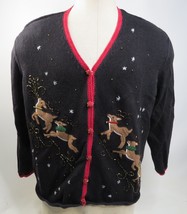 Mercer Street Studio Reindeer Christmas Sweater Snap Front Beaded XL - £18.62 GBP