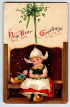 New Year Postcard Dutch Girl Wooden Shoes Doll Ellen Clapsaddle 1909 Embossed - £7.53 GBP