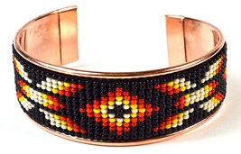 Czech Beaded Cuff Copper Bracelet with Black, Red Southwest Inspired Pat... - $14.80