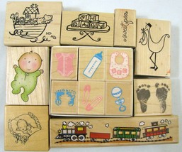 14 WELCOME NEW BABY Wood Mounted Stamp Lot Infant Train Noah Ark Hero Ar... - $17.77