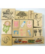 14 WELCOME NEW BABY Wood Mounted Stamp Lot Infant Train Noah Ark Hero Ar... - £13.97 GBP