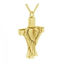Wings on Cross 24k Gold Plated Sterling Silver Cremation Urn Pendant w/Chain - $179.99