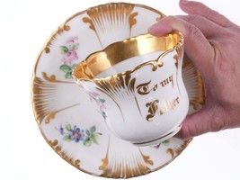 c1860 Large French Presentation Hand Painted Cup and Saucer &quot;To My Father&quot; Old p - $222.75