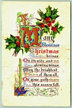 Christmas Greetings Poem Fancy Text Holly Embossed Gilt 1910 DB Postcard F7 - $6.88