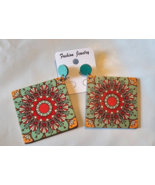 Wooden Boho Vintage Look Large Earrings Square Shape Dangle Studs Green - $214.11 MXN