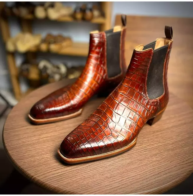 Handmade Men Brown Alligator Textured Chelsea Ankle Dress Boots, Party B... - $149.99