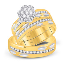 14k Yellow Gold His Her Round Diamond Cluster Matching Bridal Wedding Ring Set - £1,934.36 GBP